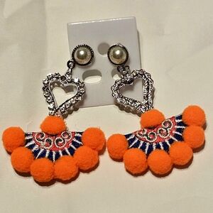 Orange Pom Pom Heart Earrings